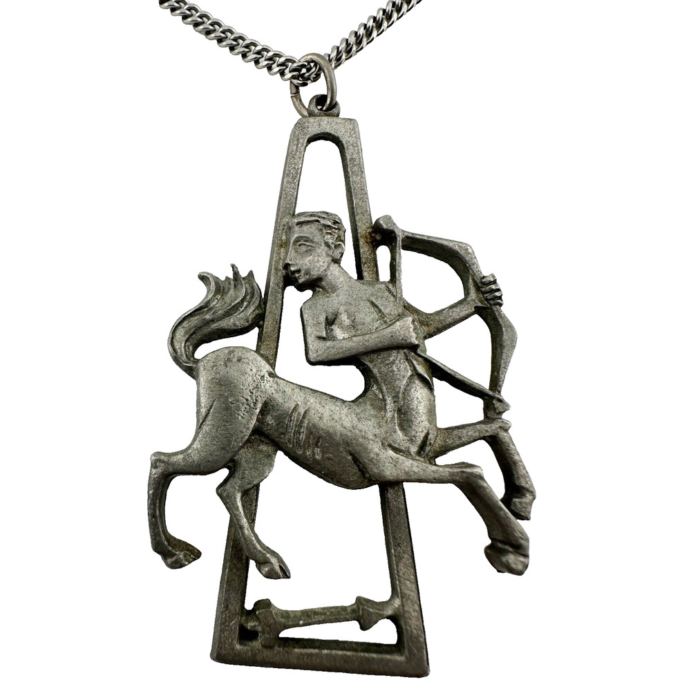 Vintage Brutalist Cathedral MCM Sagittarius Zodiac Pewter Pendant 24” Necklace
